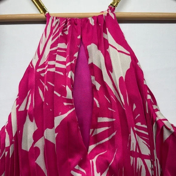 Trina Turk Pleated Halter Maxi Dress Pink Tropical Gold Strap M - Picture 8 of 12